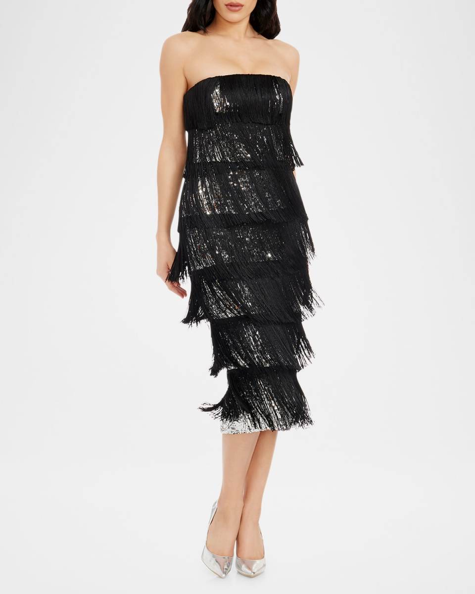 Viviana Tiered Sequin & Fringe Midi Dress